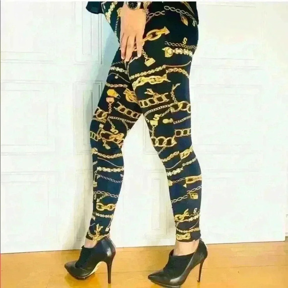 FASHION NOVA LEGGINGS BLACK GOLD MONOGRAM SIZE  SMALL - Picture 3 of 4